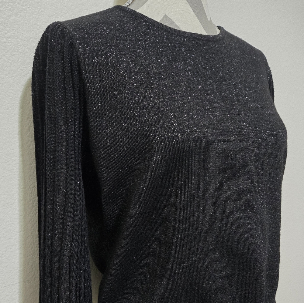 Nanette Lepore Black and Silver Sparkle Knit Sweater Ribbed Sleeves Size Large - Picture 2 of 14